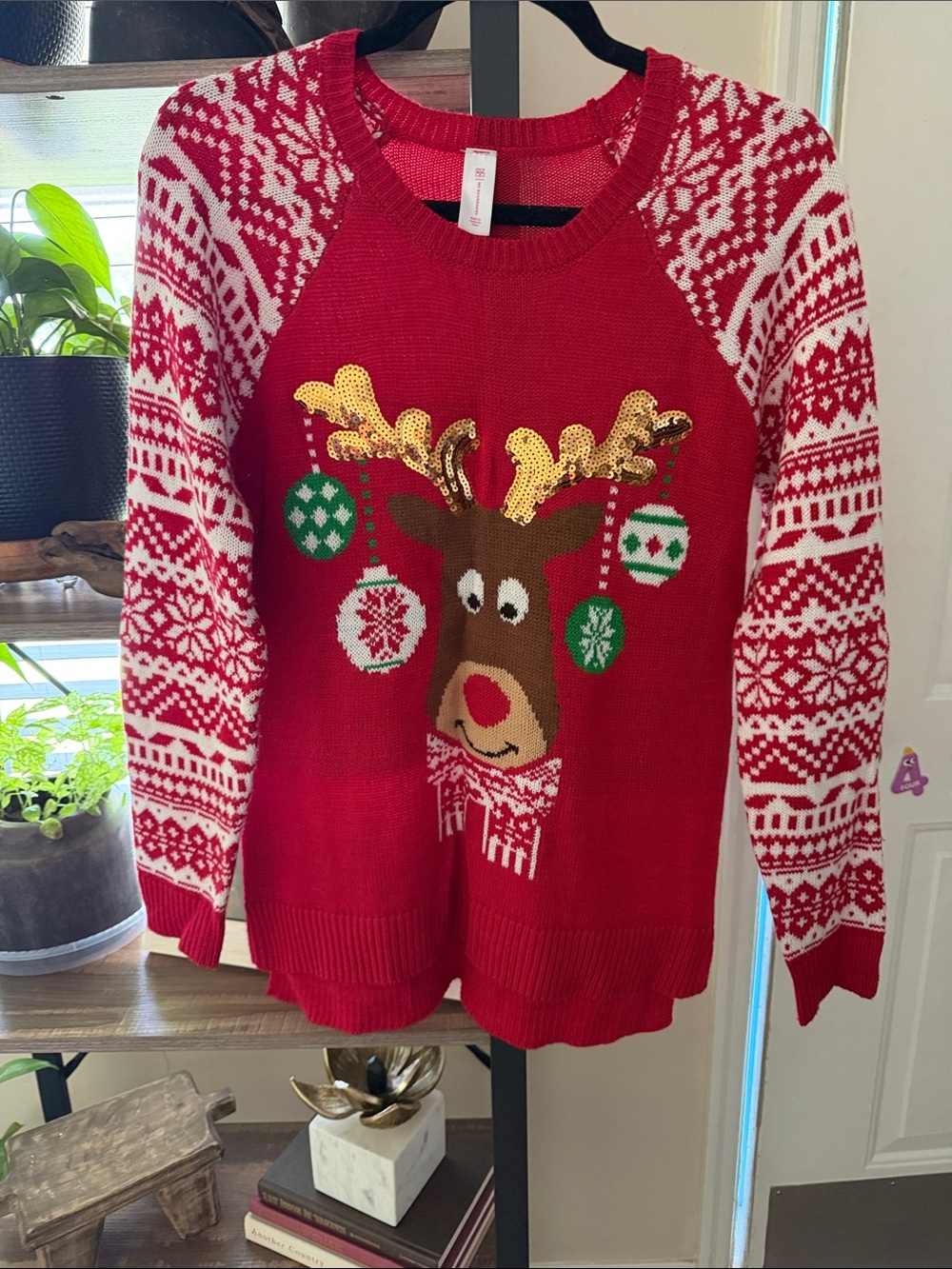 Festive Red Reindeer Crewneck Sweater - Women